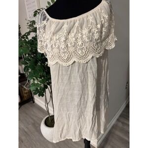 VTG Cal Style USA Off The Shoulder Lace Crochet Ruffle Dress Cream XL